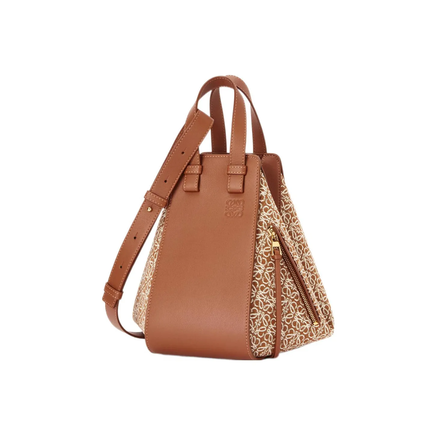 LOEWE Anagram Jacquard Fabric With Cow Leather Hammock Handbag Trumpets Women's Tan