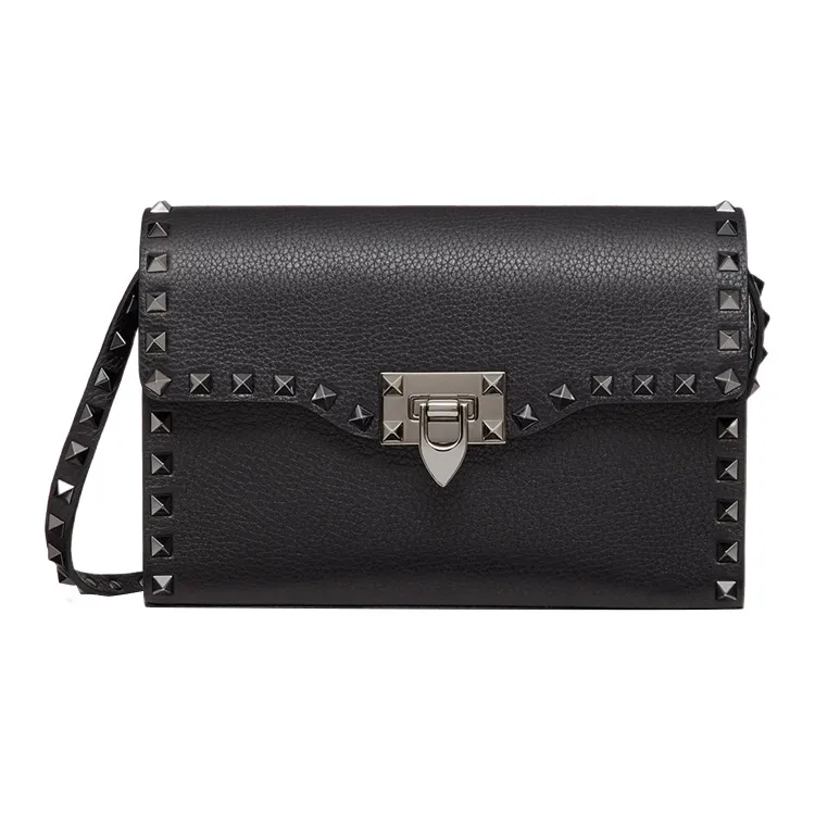 Valentino Rockstud Grain Calfskin, Silver Buckle Shoulder Bag, Crossbody Bag, Handbag Small Size Women's Black/Silver