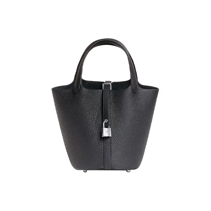 HERMES Picotin Lock Clemence Bullock Leather Basket Bag, Bucket Bag, Handbag 18 Women's 3Y Caban Black Cloth