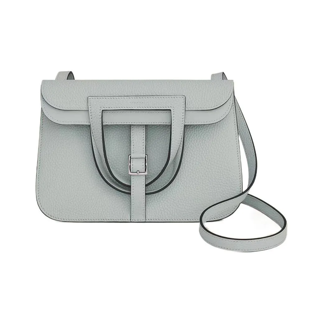 HERMES Halzan Clemence Bullock Leather Handbag Shoulder Bag Crossbody Bag Women's Pale Blue Saint Cup Blue