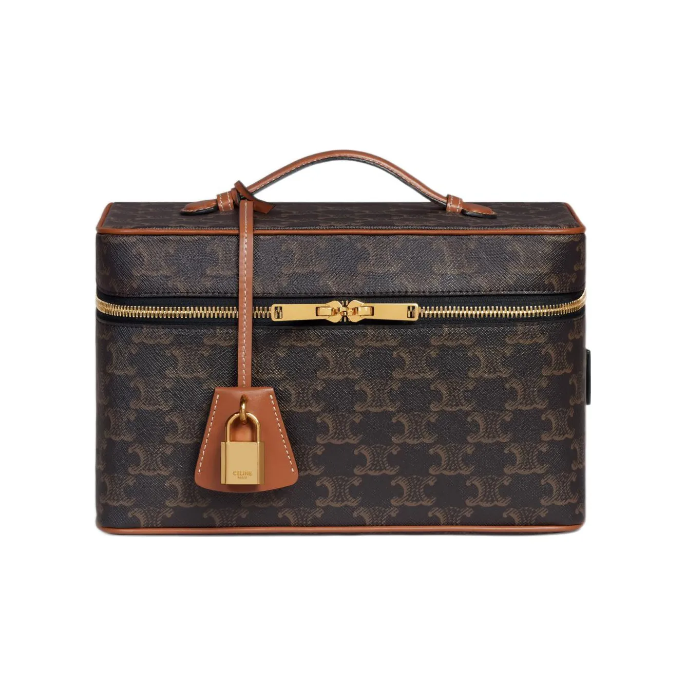 CELINE Cow Leather Storage Box Makeup Case Women's Tawny