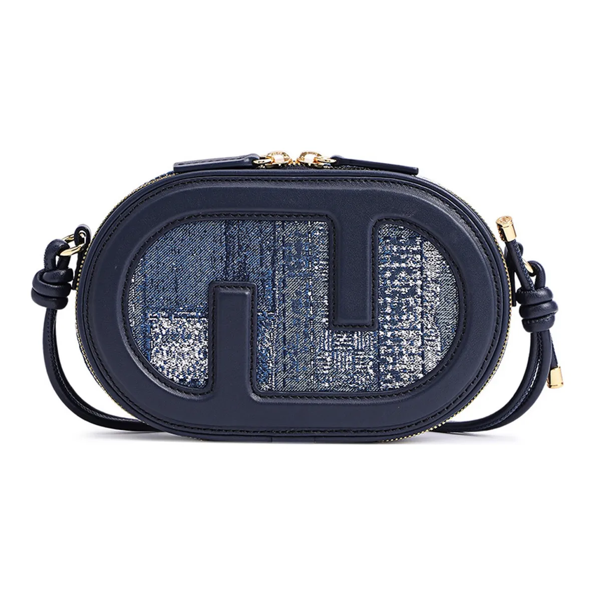 FION Cow Leather, Textile Floral Window Round Bag, Shoulder Bag Trumpets Women's Dark Blue