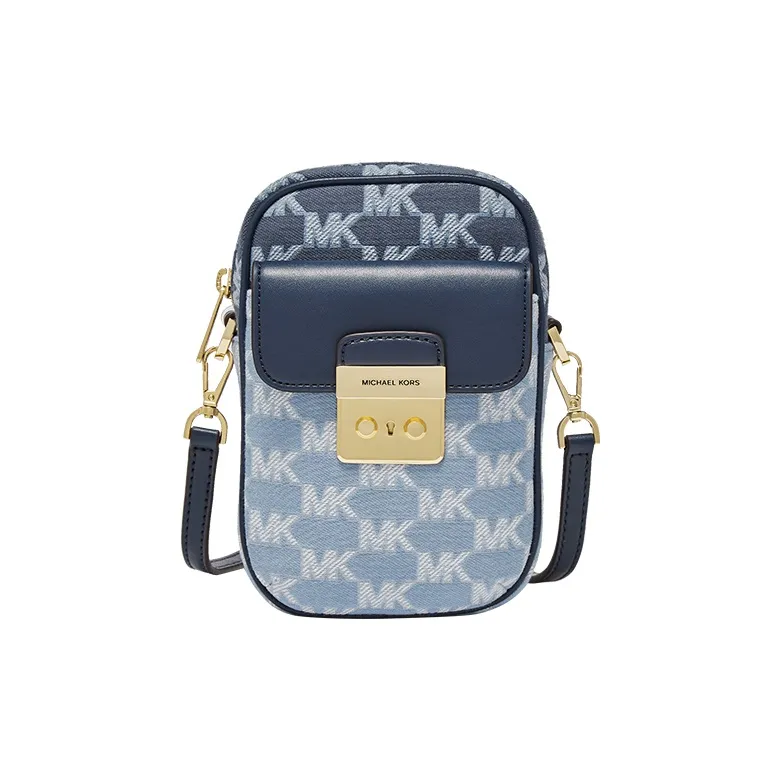 MICHAEL KORS Sloan Fabric Shoulder Bag With Cell Phone Pouch Trumpets Women's Light Blue/Navy Blue