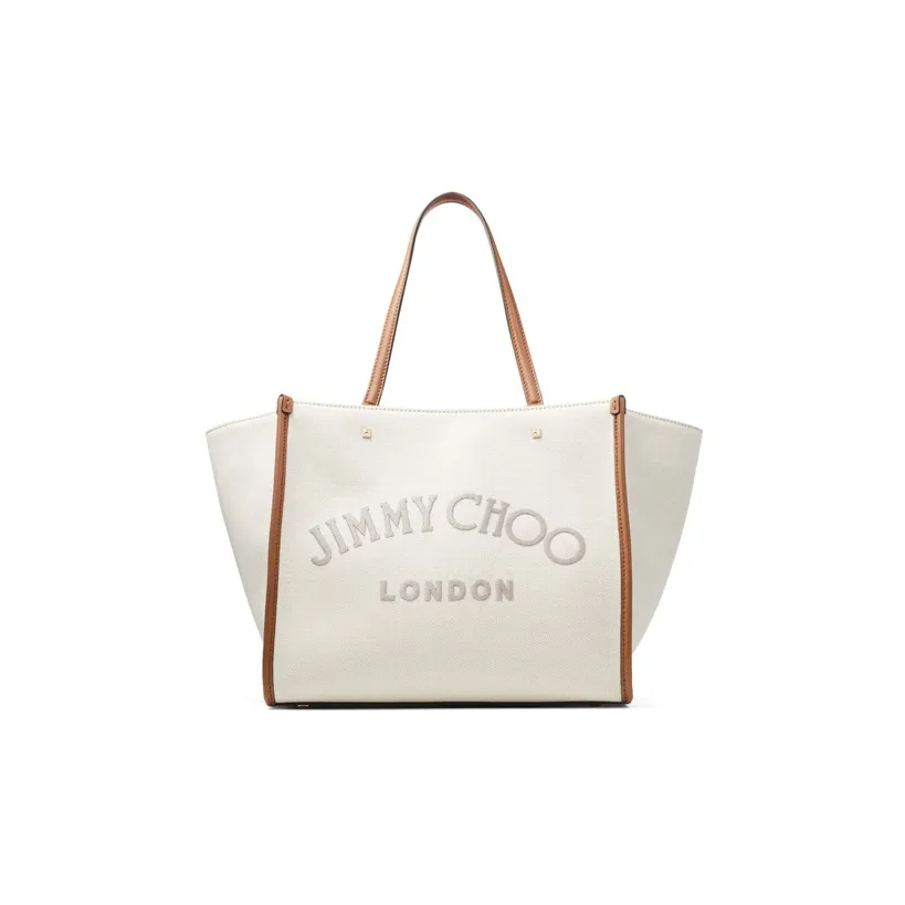 Jimmy Choo Cotton Canvas With Calfskin Tote Bag Shopping Bag Shoulder Bag Handbag Women's White/Gray/Brown