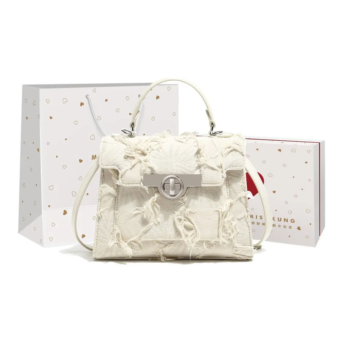 Miss Kung Embroidered Denim Chain Bag, Kelly Bag, Crossbody Handbag Medium Size Women's Ecru