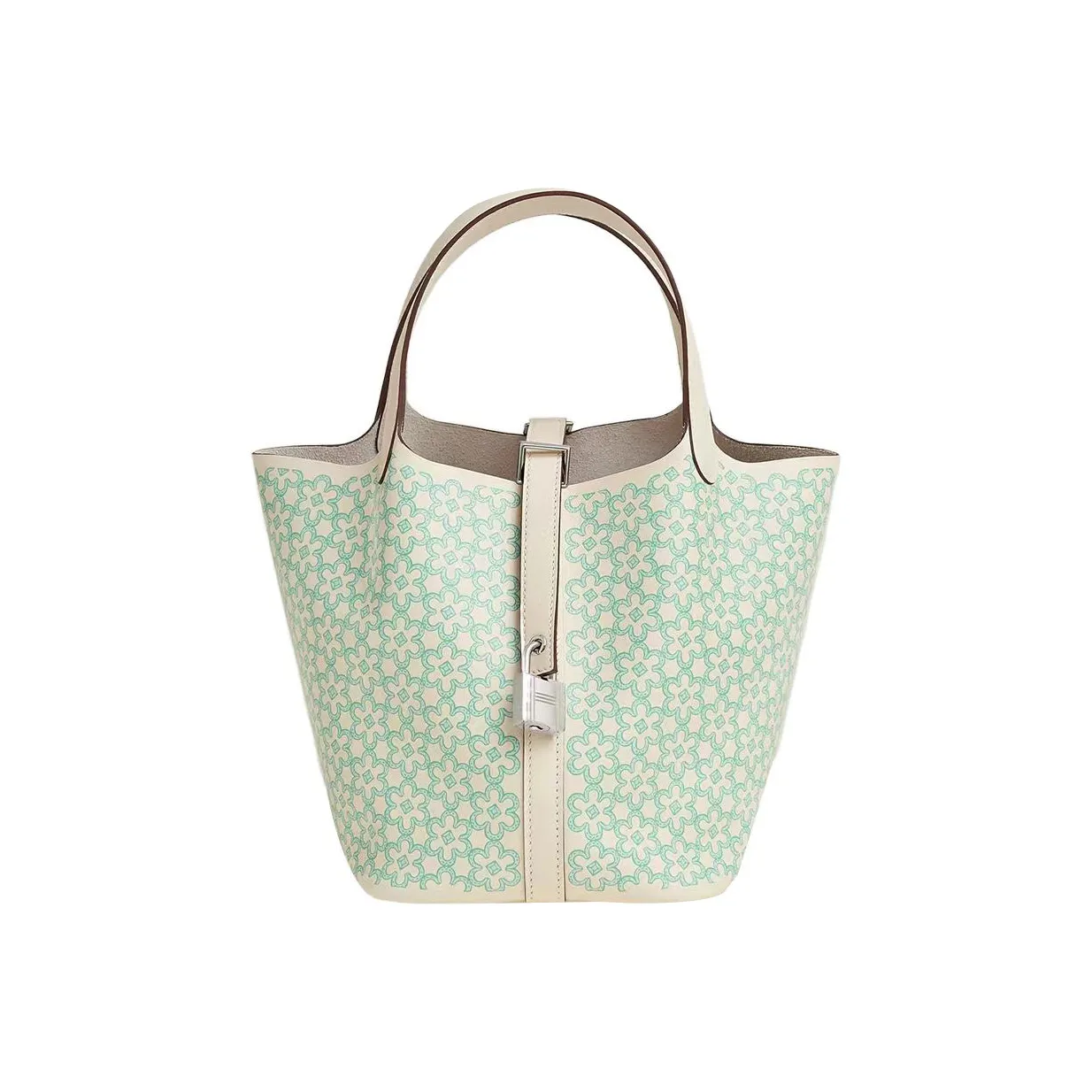 HERMES Calfskin Basket Bag, Bucket Bag, Handbag 18 Women's Gray White/Green/White