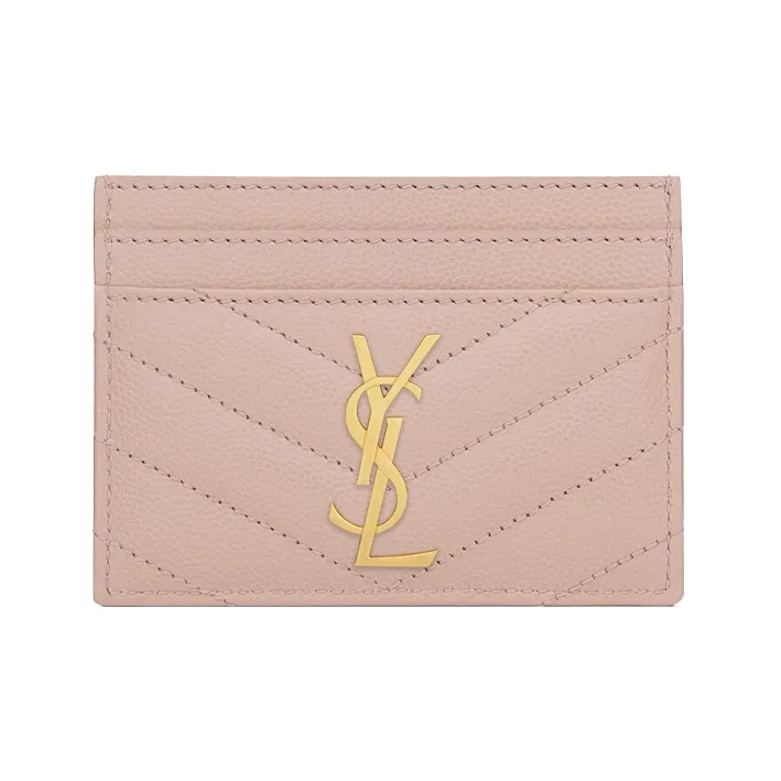 SAINT LAURENT CASSANDRE Grain Embossed Calfskin Card Holder Women's Flesh Pink