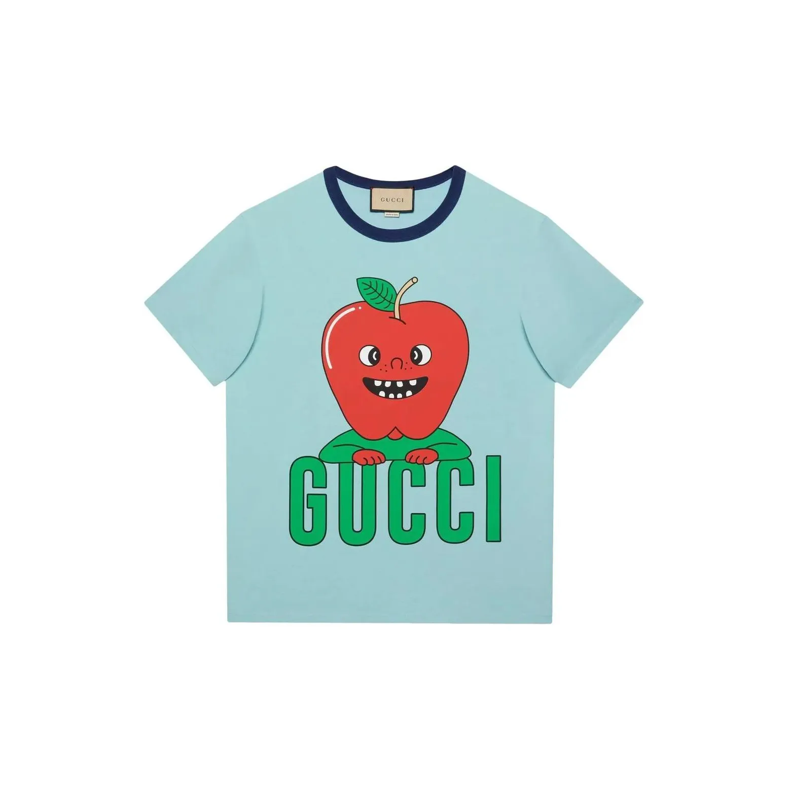 Gucc SS24 Apple Print Cotton T-Shirt Light Blue