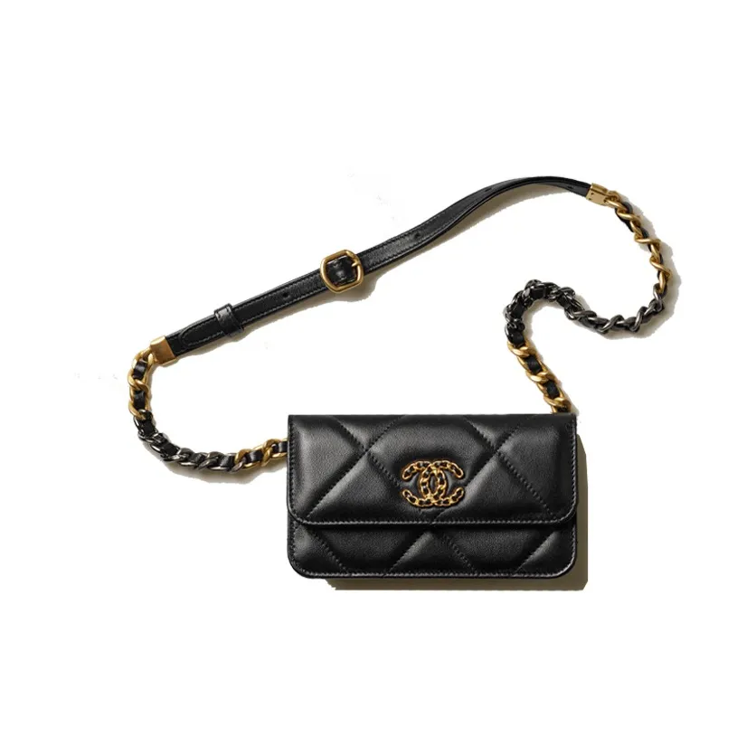 CHANEL 19Bag Sheepskin Fanny Pack, Shoulder Bag, Cell Phone Pouch, Crossbody Bag Women's Black