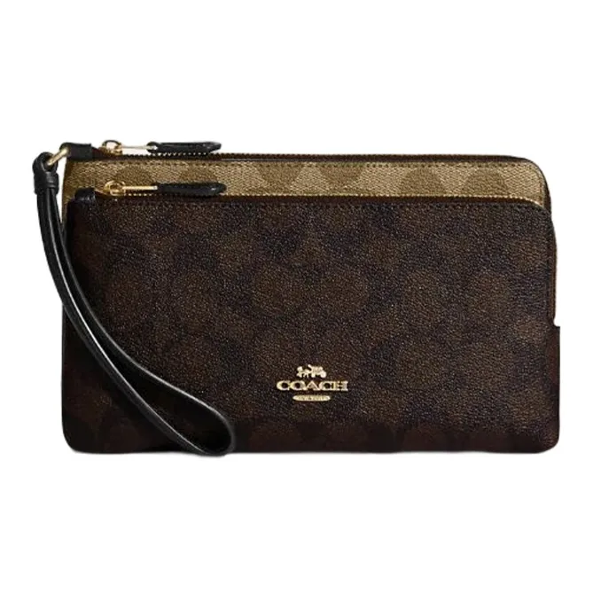 COACH Double Zip Wallet Canvas Leather Wrist Bag Clutch Wallet Small Size Women's Khaki Brown