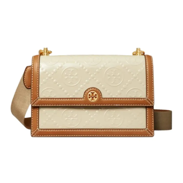 Tory Burch T Monogram Коровья кожа Сумка через плечо Маленькая Женская Каменно-белая