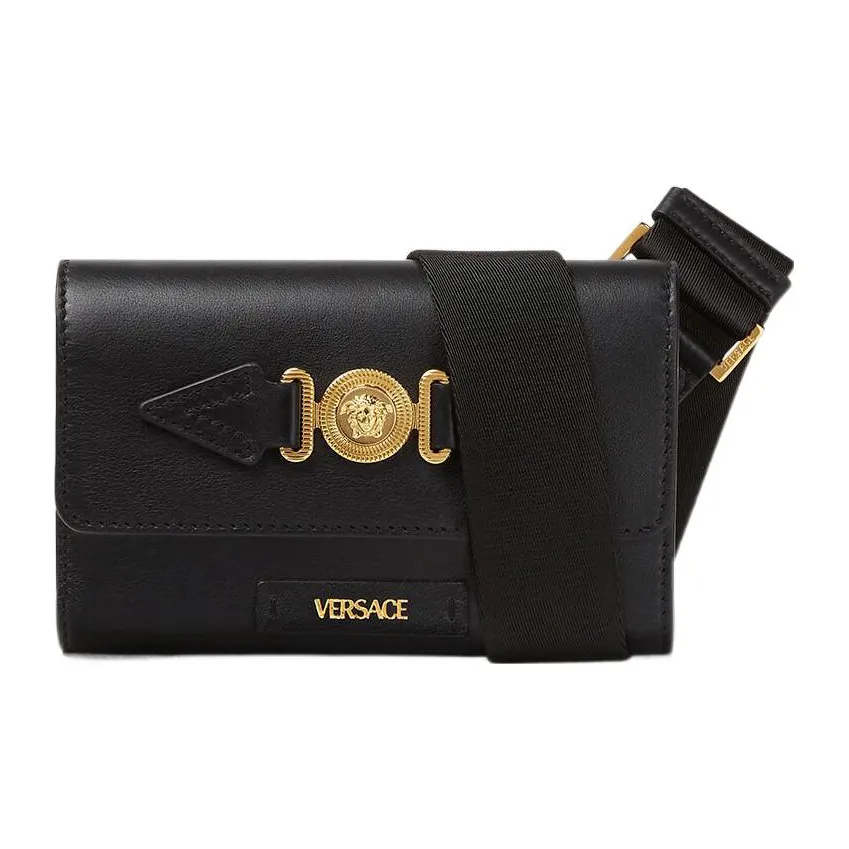 VERSACE Cow Leather One Shoulder Crossbody Fanny Pack Men's Black