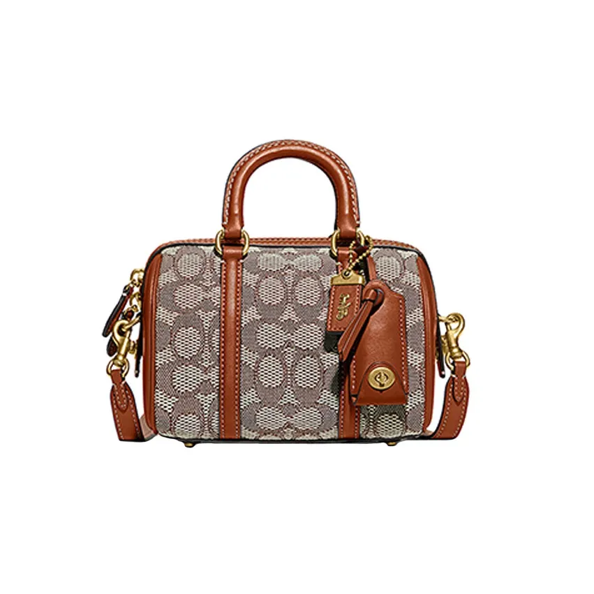 COACH Ruby Fabric With Cow Leather Boston Bag, Handbag, Shoulder Bag, Crossbody Bag Trumpets Women's Brown Monogram