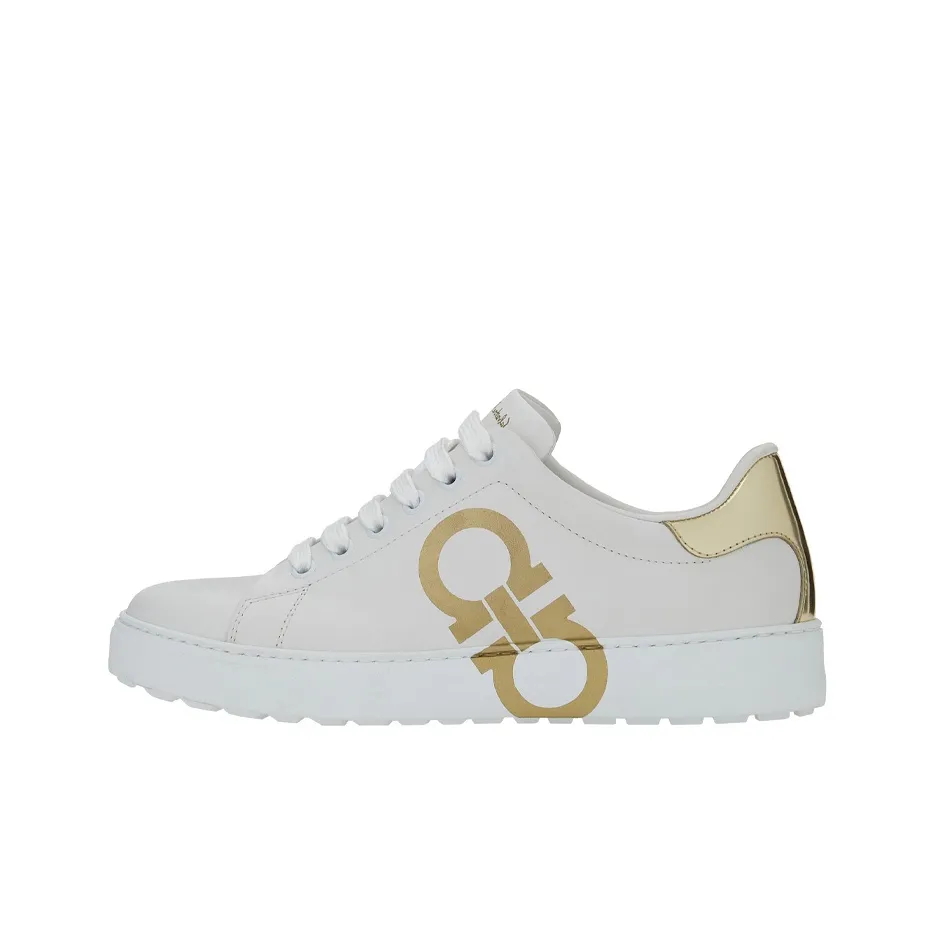 FERRAGAMO GANCINI Low-Top Stylish Skateboarding Shoes Women's White Gold