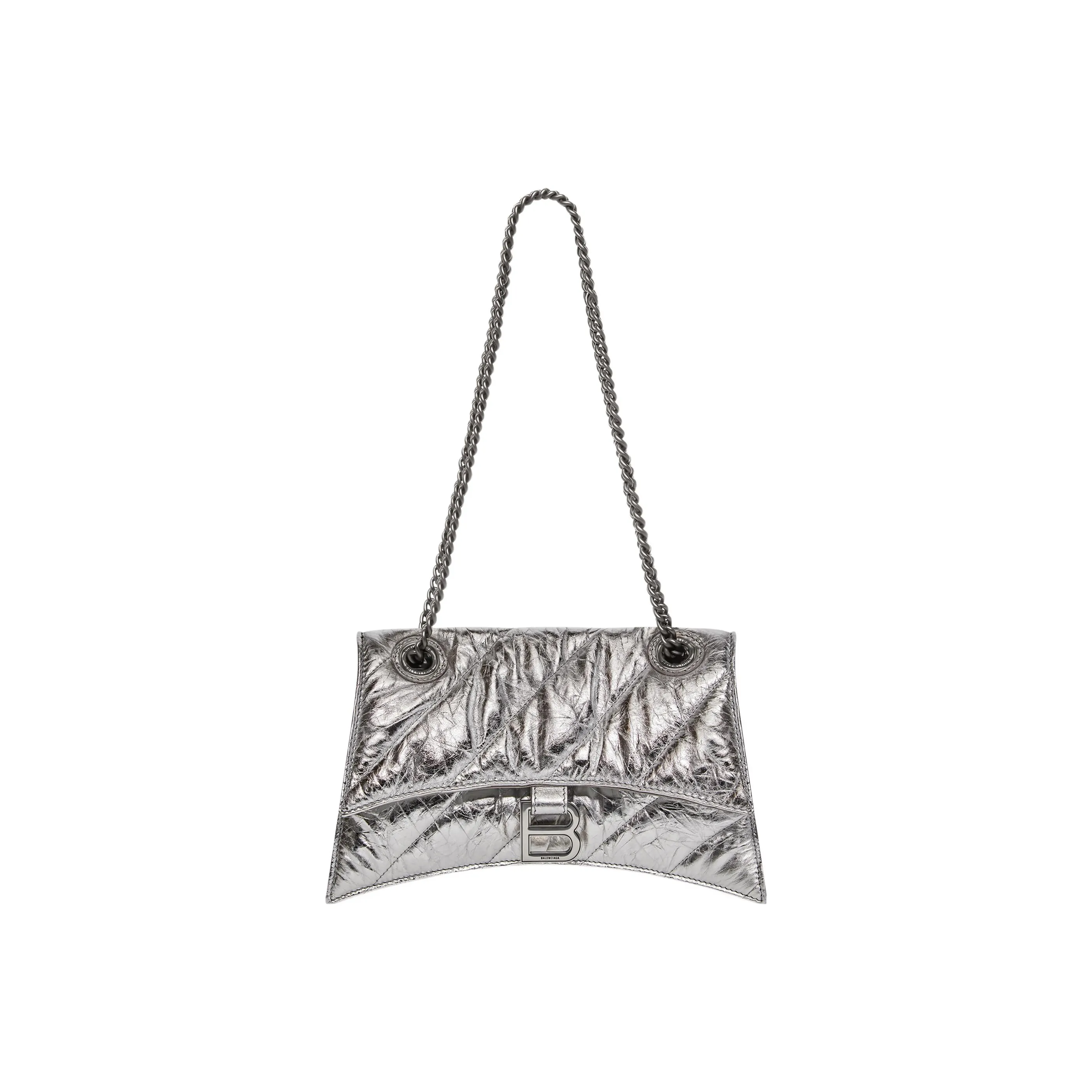 Balenciaga CRUSH Shiny Double Chain Crossbody Bag, Shoulder Bag Women's Silver