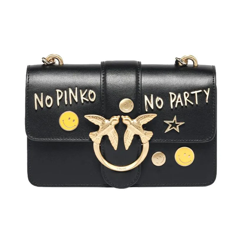 PINKO Коровья кожа Swallow Сумка Сумка через плечо Маленькая Женская Черная Черно-золотая