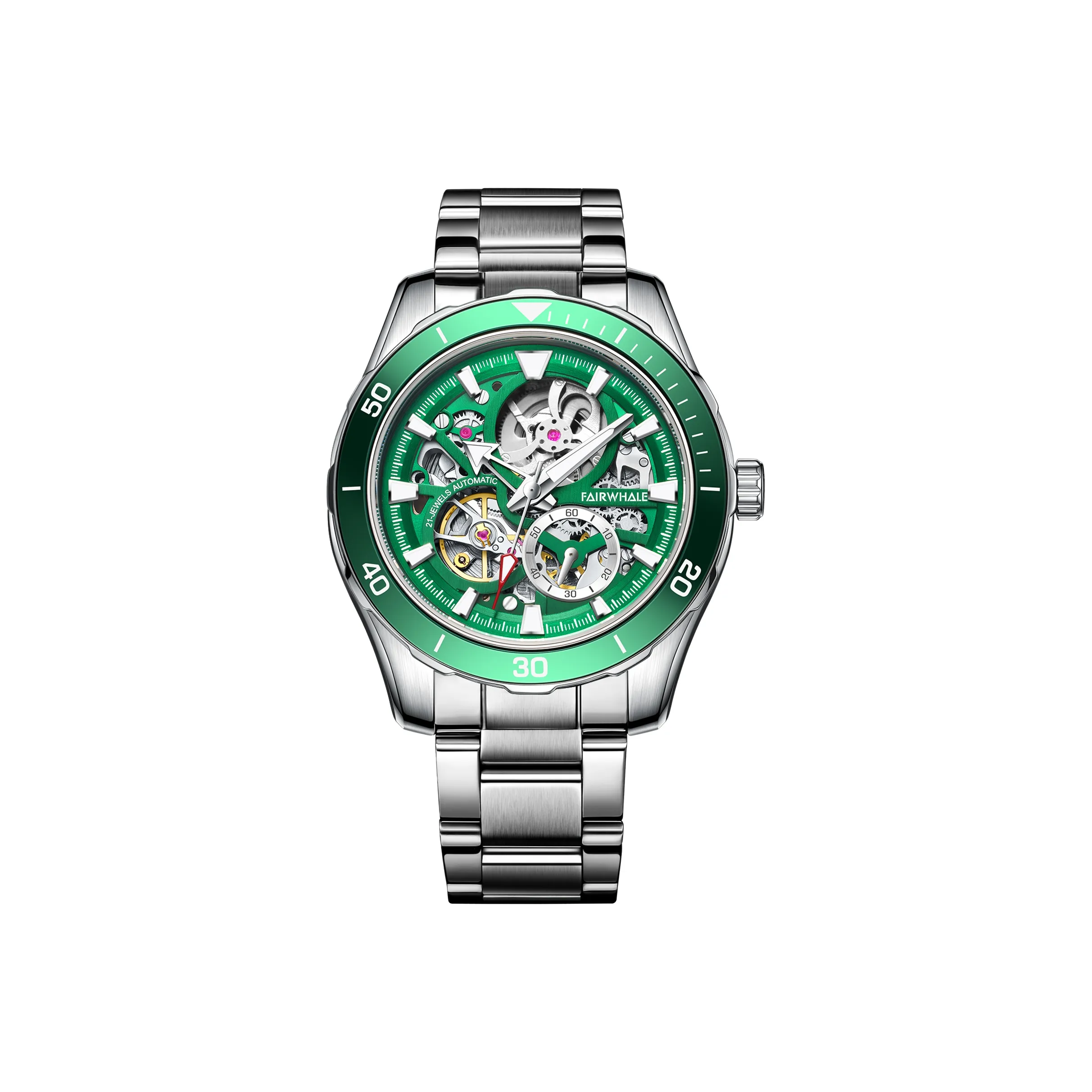 FAIRWHALE Starlight Collection Мужские часы Автоматический механический механизм Металлический ремешок Часы для мужчин Зеленый циферблат