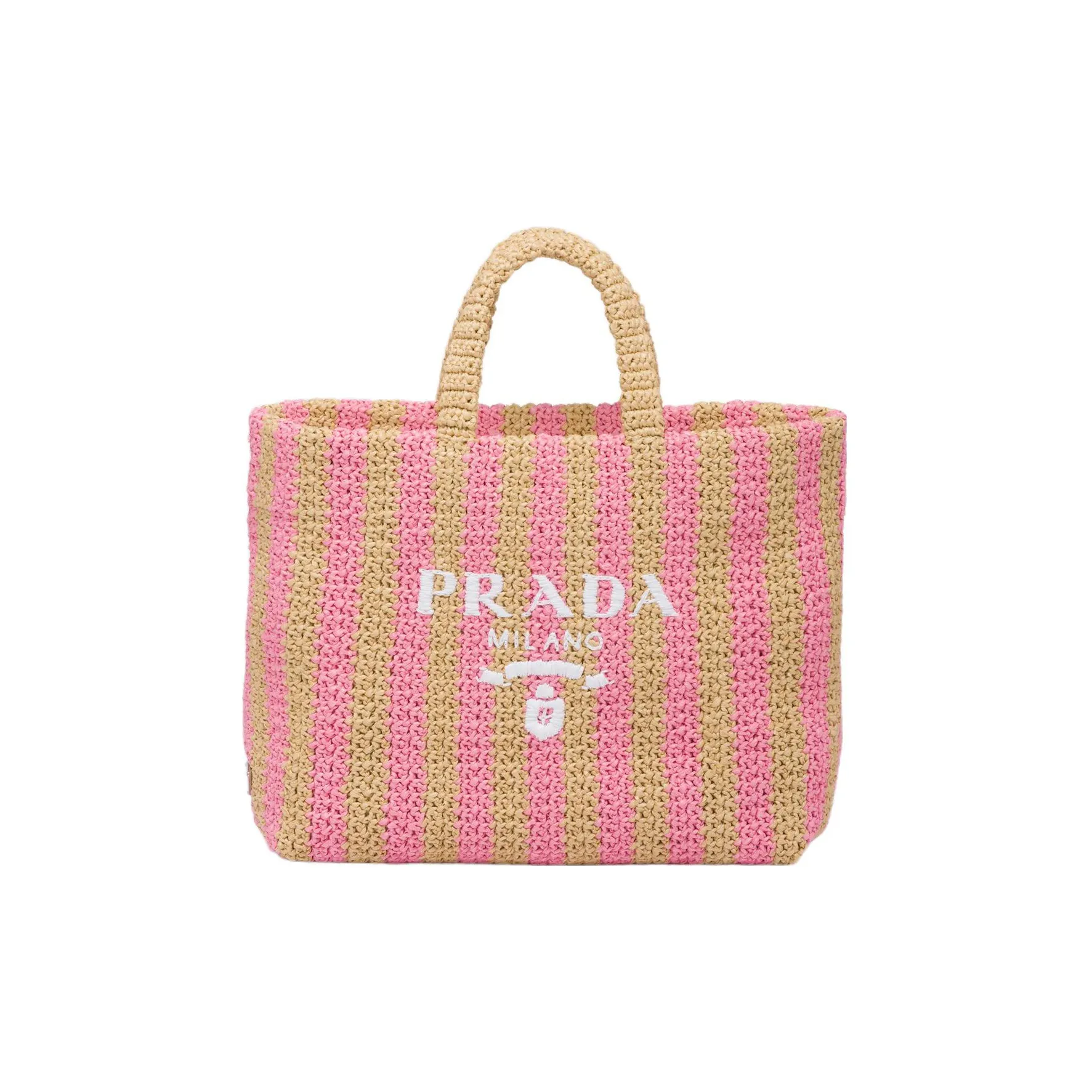 PRADA Raffia Fiber Tote Bag, Shopping Bag, Handbag Tubas Women's Tan/Petal Pink