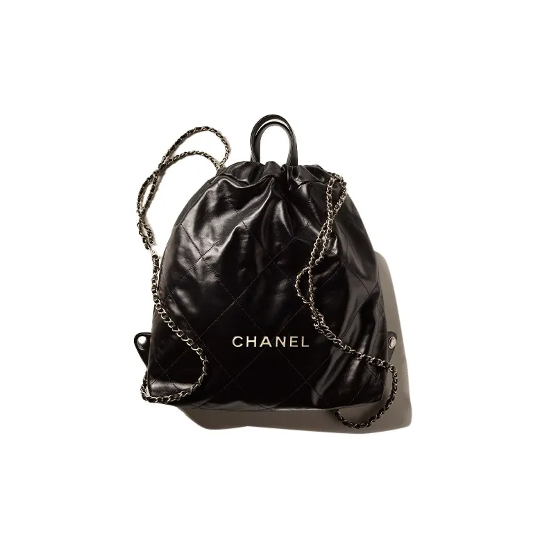 CHANEL Silver Logo Calfskin Backpack Tubas Women's Black