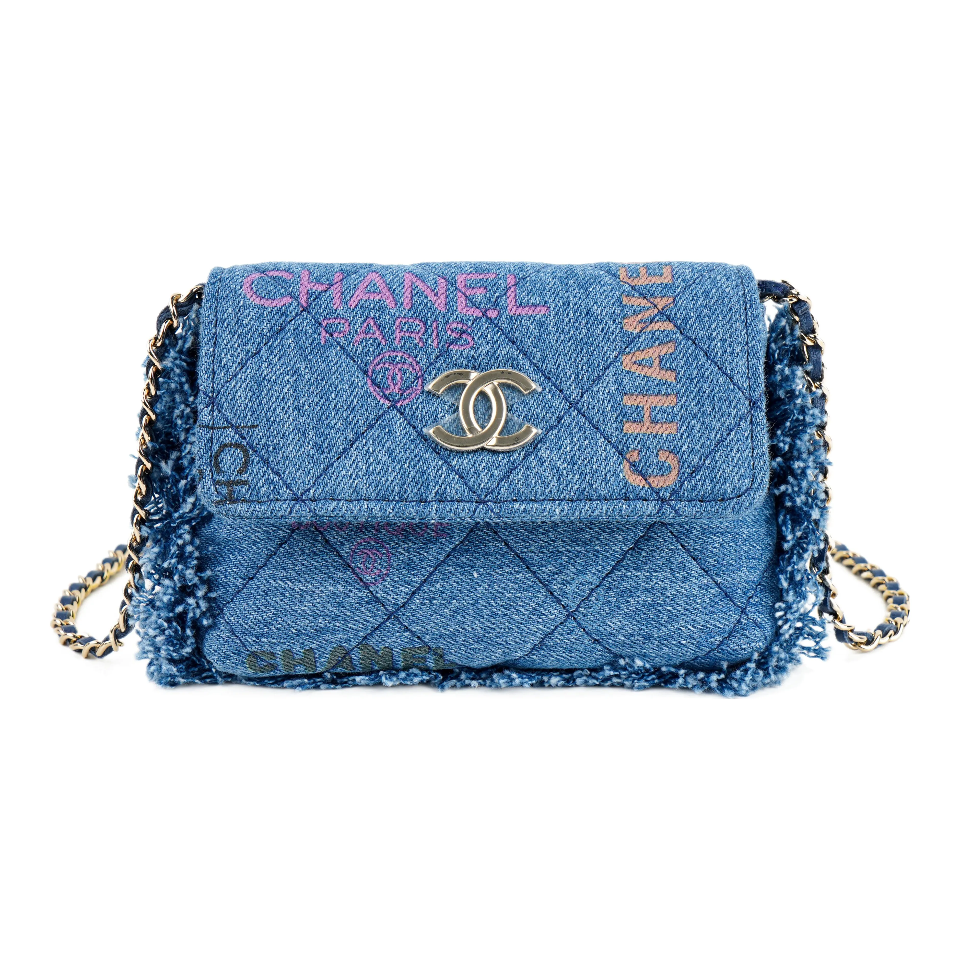 CHANEL 22SS Blue & Multicolor Denim Material Gold Chain Flap Bag, Shoulder Bag, Crossbody Bag Women's Blue