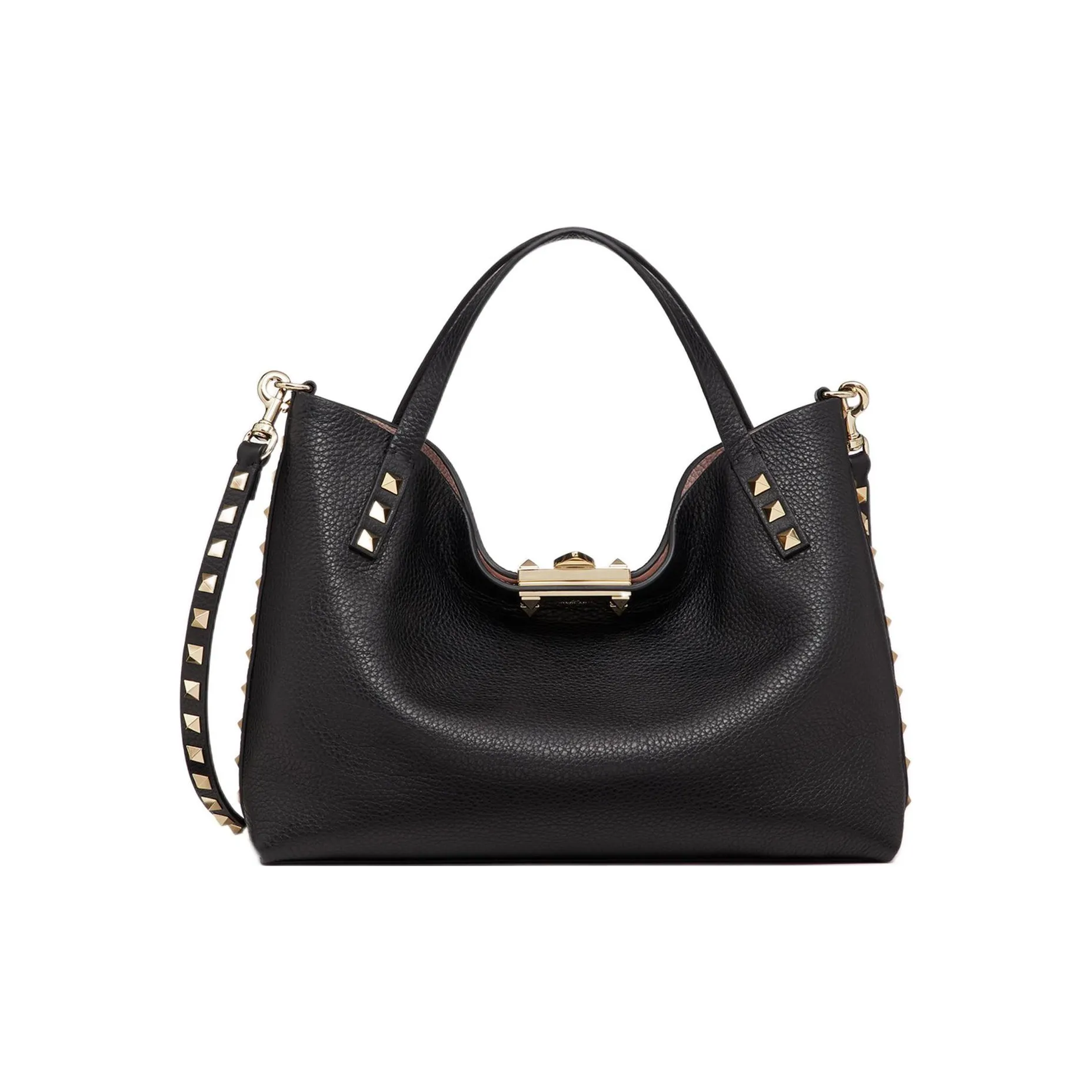 Valentino ROCKSTUD Grained Calfskin Shoulder Bags Handbags Small Size Women's Black