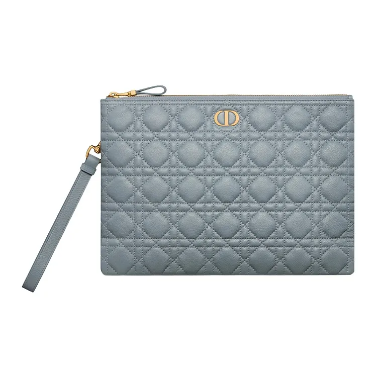 DIOR Caro Cow Leather Storage Bag Handbag Clutch Large Size Women's Cloud Blue