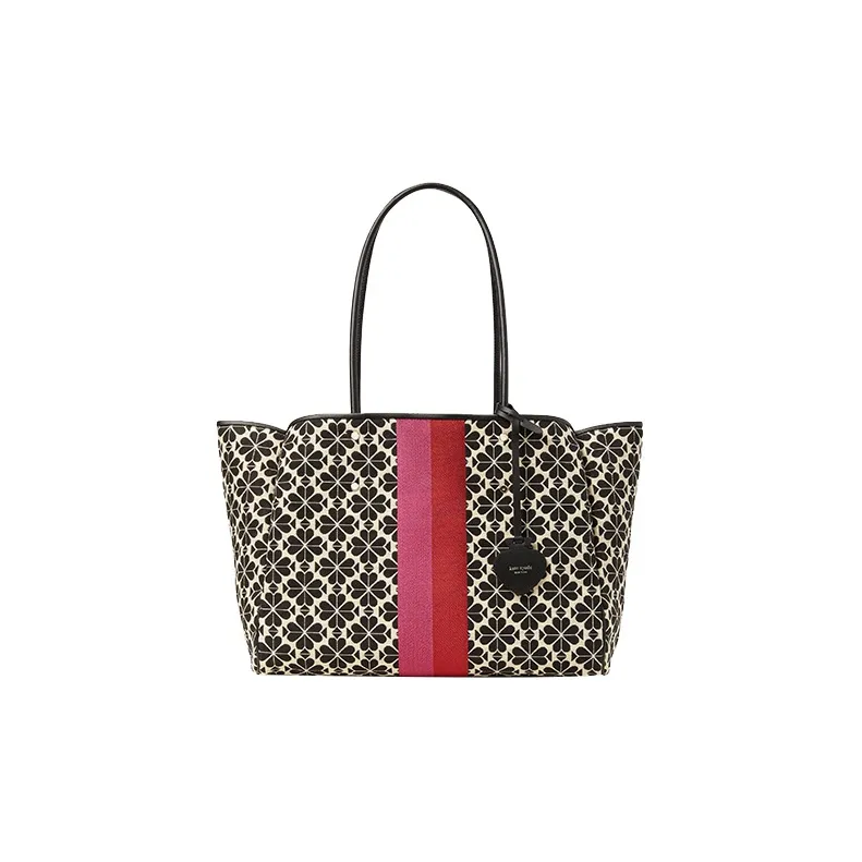 Kate Spade Calfskin With Cotton Tote Bag Shopping Bag Shoulder Bag Handbag Large Size Women's Black & Cream