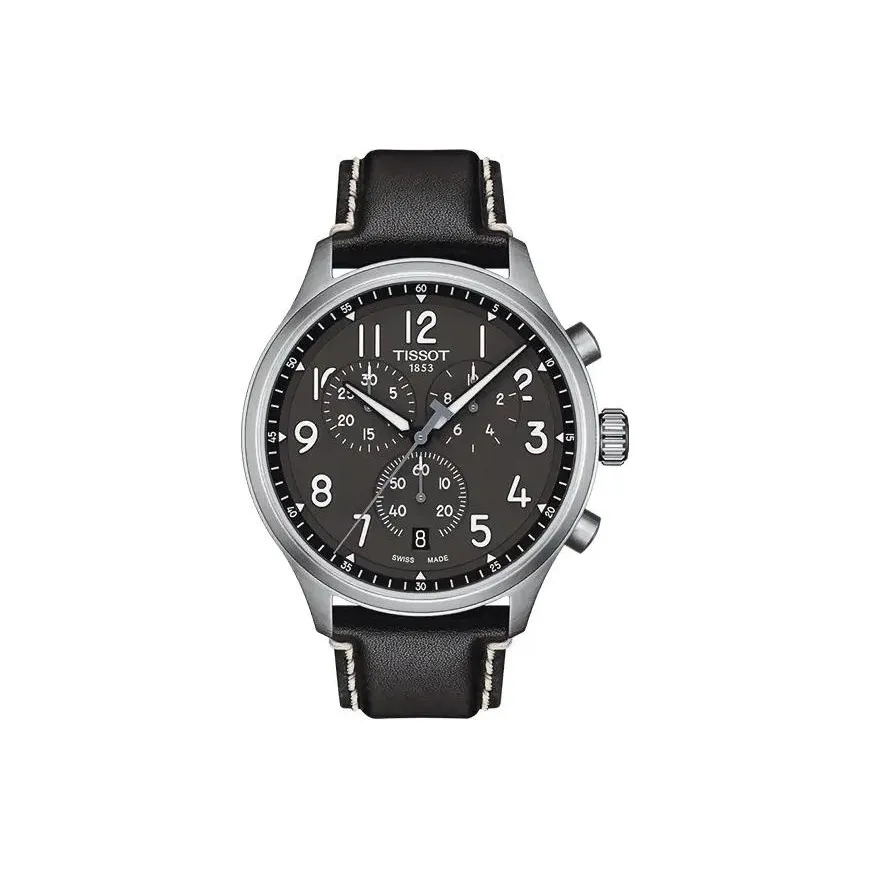 TISSOT Quartz Механизм Мужские часы 45 мм Черный циферблат Стальной корпус Часы Естественная кожа Ремешок