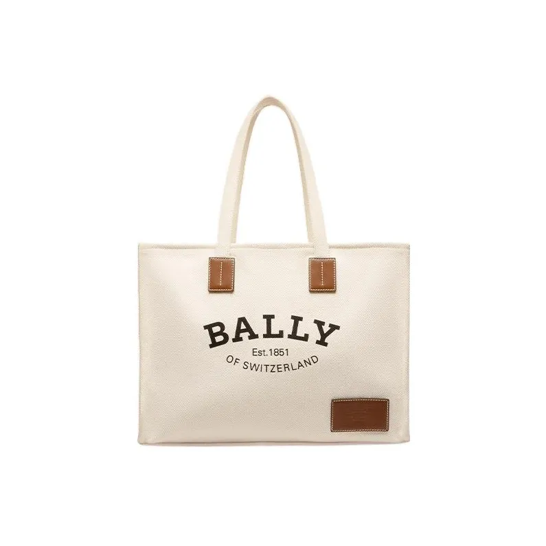 BALLY Fabric With Cow Leather Tote Bag, Shopping Bag, Handbag, Shoulder Bag Women's Ecru