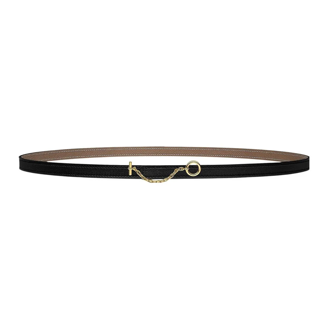 HERMES Carrousel Gold Plated Metal Hook Buckle Epsom Calfskin Double Sided Leather Belt Unisex Black Width 1.3cm