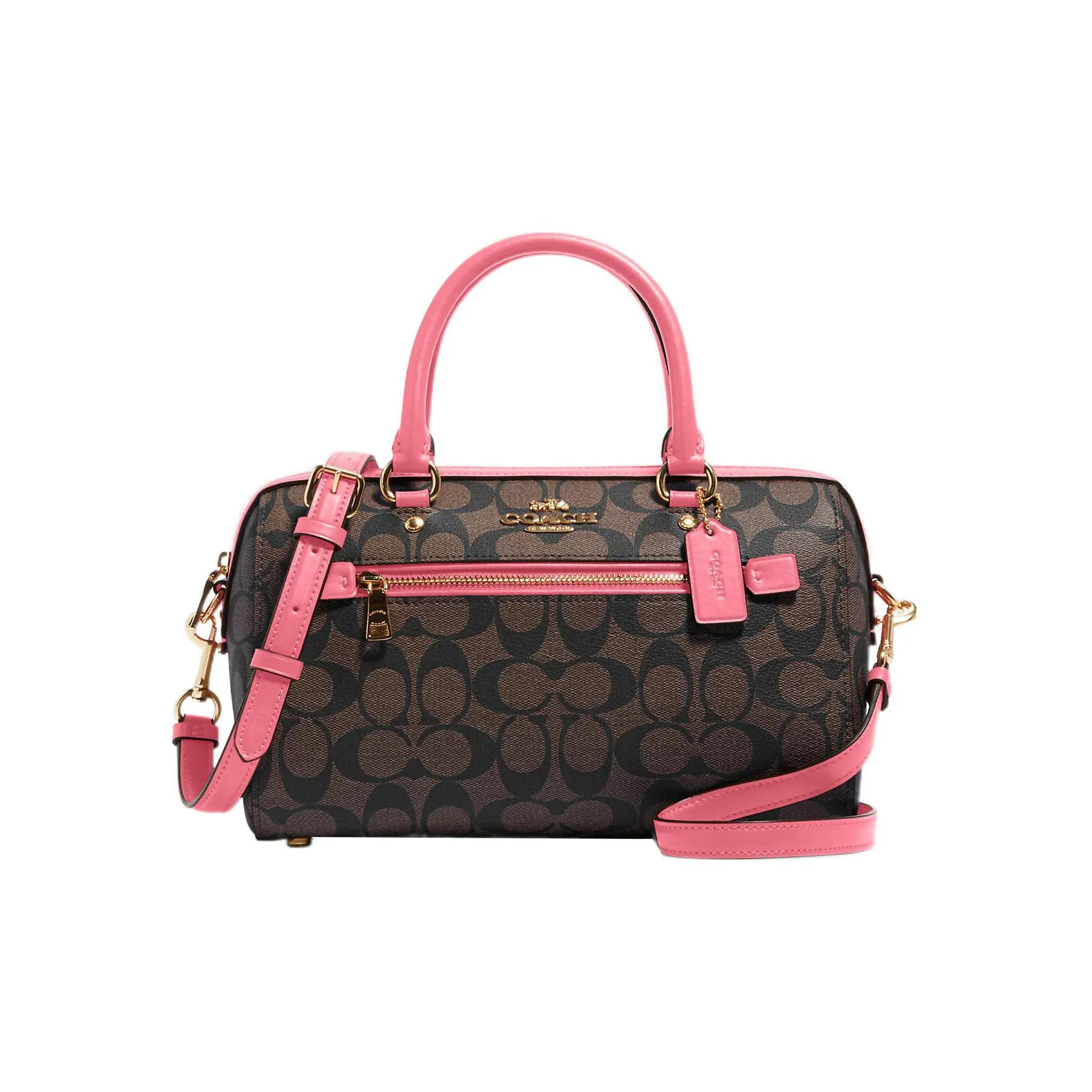 COACH Rowan Покрытый холст с кожаными вставками Сумка Сумка через плечо Сумка через плечо Большая Женская Коричневый и Арбузно-красный