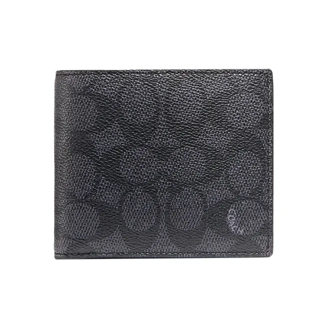 COACH Подпись Покрытый холст Утонченная телячья кожа Держатель для карт Кошелек Мужской Черный
