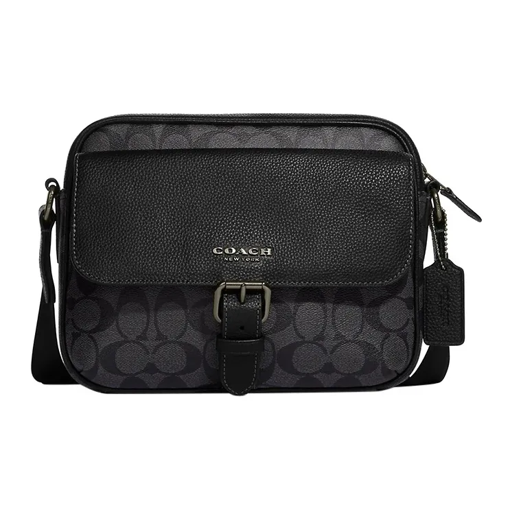 COACH Hudson Coated Canvas With Natural Pebbled Leather Shoulder Bag Crossbody Bag Medium Size Men's Black