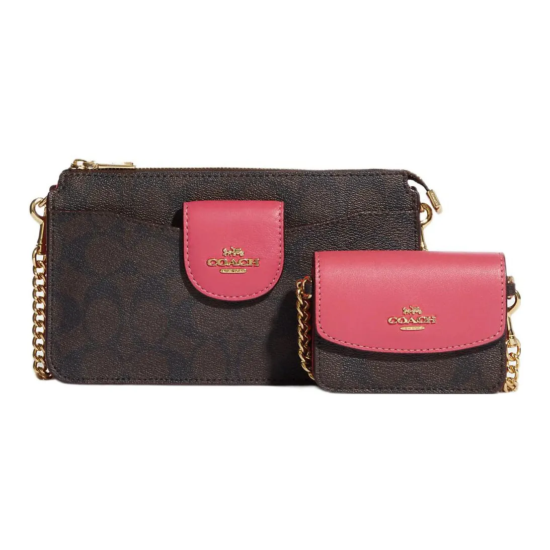 COACH Cow Leather With PVC Combo Bag, Shoulder Bag, Crossbody Bag Women's Brown & Watermelon Red