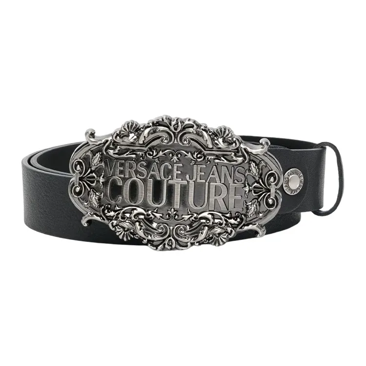 VERSACE JEANS COUTURE Logo Signboard Cow Leather Belts Men's Black Width 3.5cm
