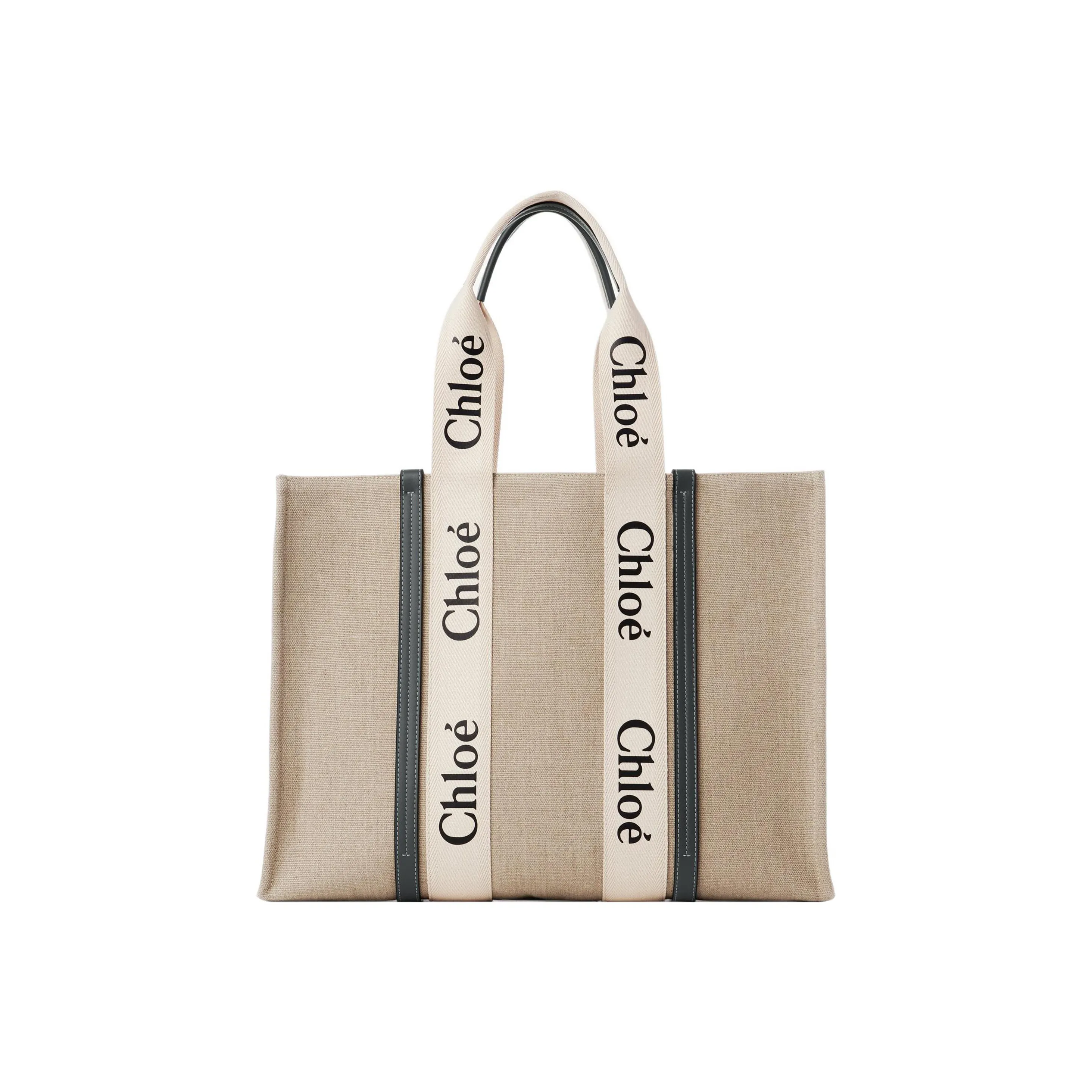 Chloe Woody Canvas With Leather Tote Bag, Shopping Bag, Shoulder Bag, Handbag Tubas Women's