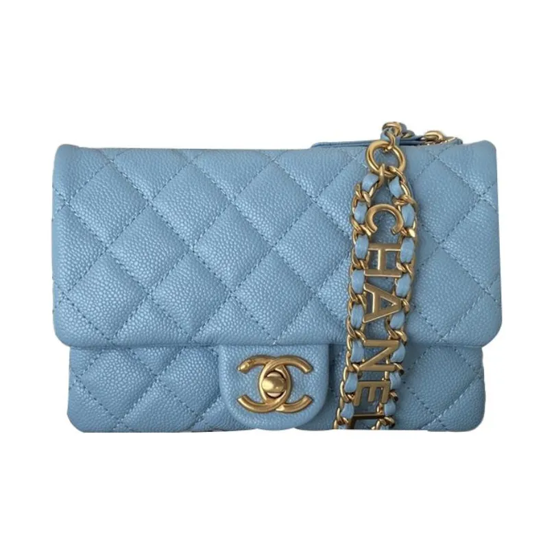 CHANEL Grain Embossed Litchi Grain Calfskin Shoulder Bag, Crossbody Bag Women's Blue