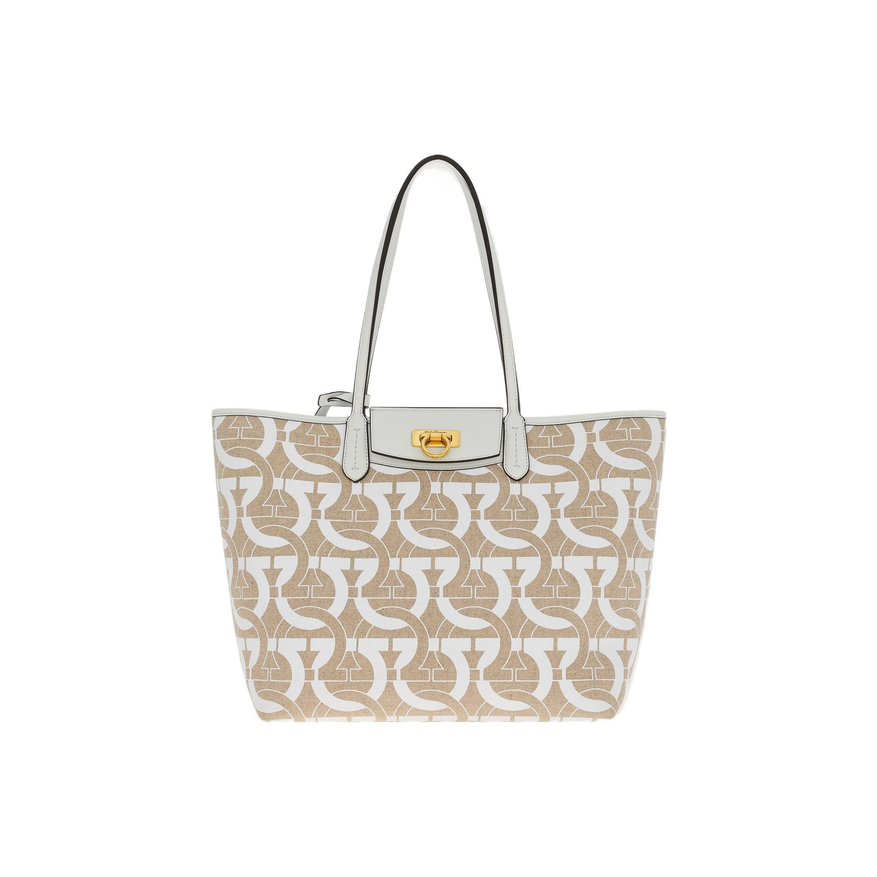 FERRAGAMO GANCINI Fabric Cow Leather Patchwork Tote Bag Shopping Bag Shoulder Bag Handbag Women's White