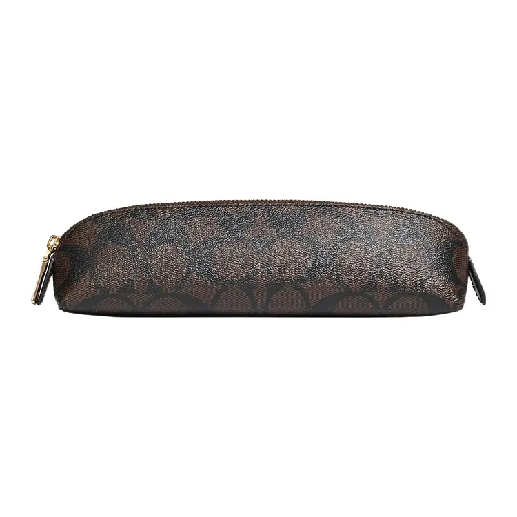 COACH Pencil Case Iconic Coated Canvas With Smooth Leather Makeup Brush Bag Makeup Bag Trumpets Women's Dark Brown