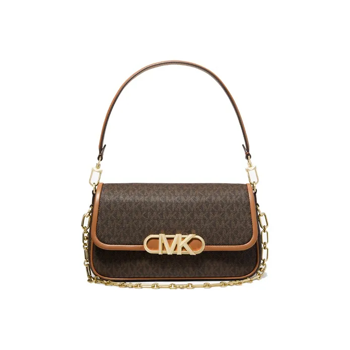 MICHAEL KORS Leather Golden Lotus Shoulder Bag Medium Size Women's Dark Brown