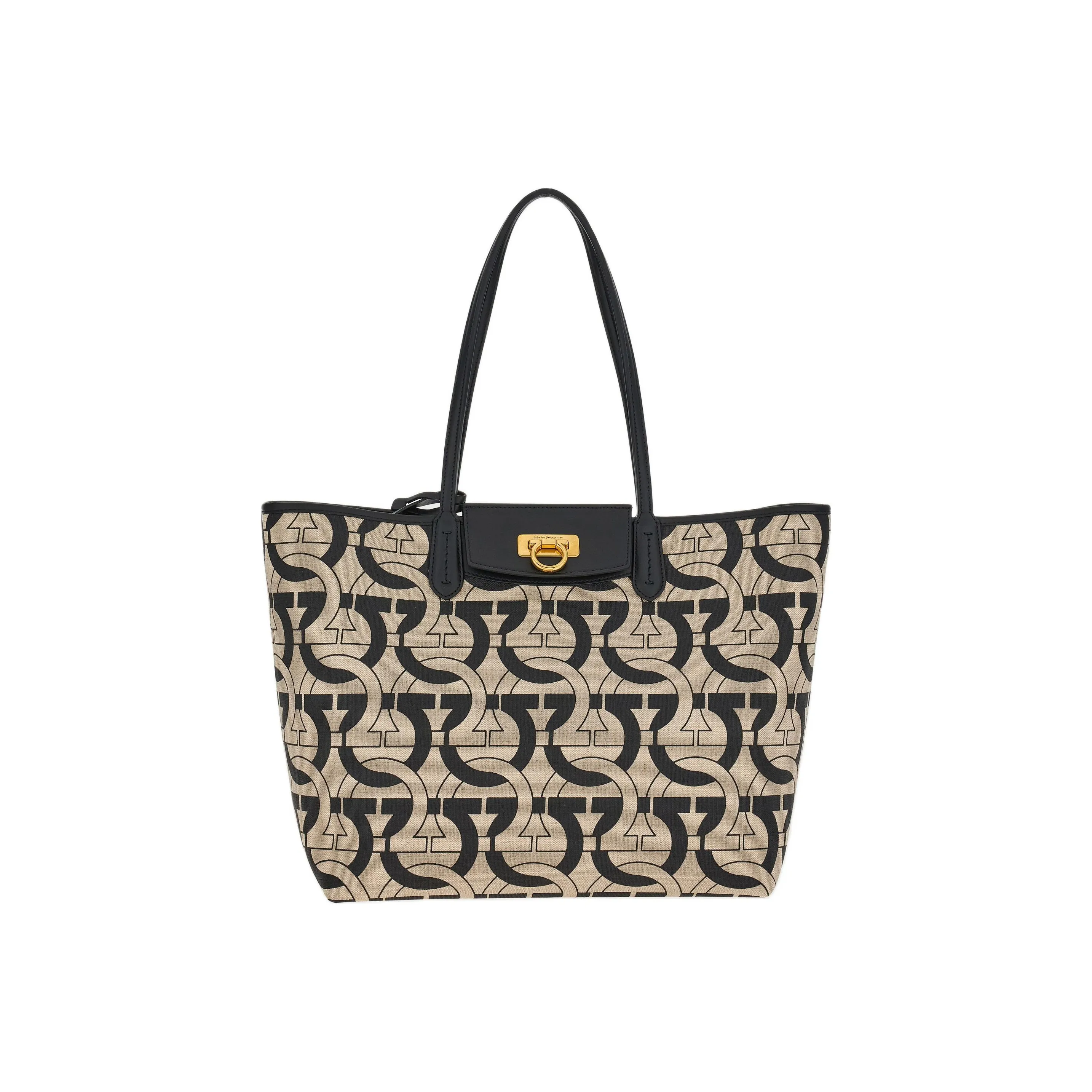 FERRAGAMO Fabric With Cow Leather Tote Bag, Shopping Bag, Shoulder Bag, Handbag Women's Black