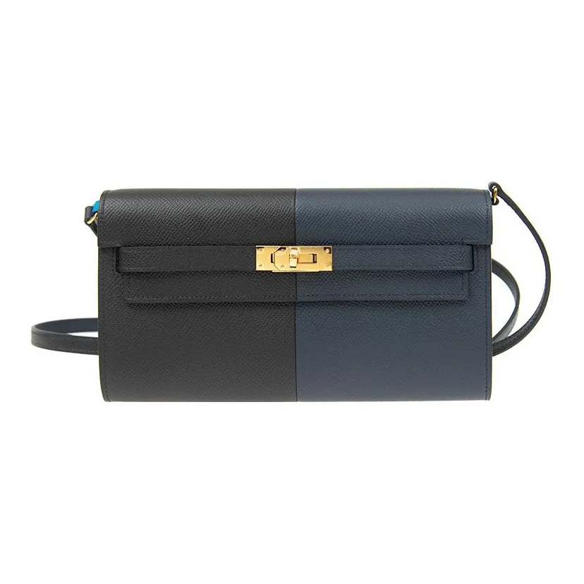HERMES Kelly To Go Epsom Calfskin Handheld Crossbody Bag, Shoulder Bag Women's Indigo/Black/Frida Blue