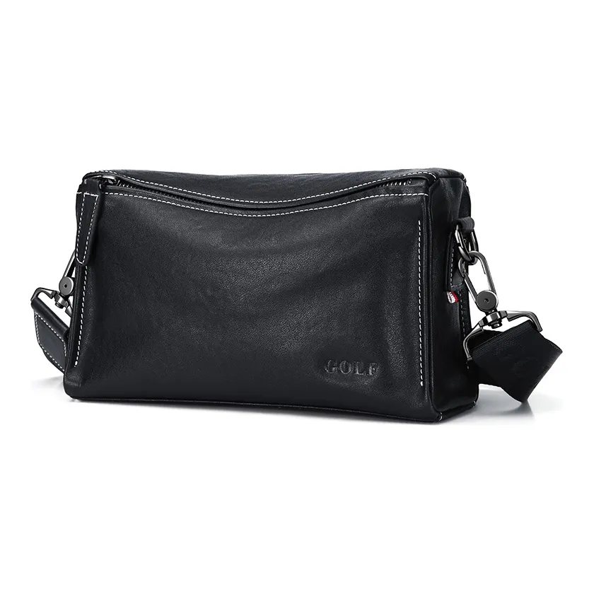 GOLF Genuine Leather Top Grain Cow Leather Commute Bag Small Square Bag Fanny Pack Crossbody Bag Small Size Men's Black