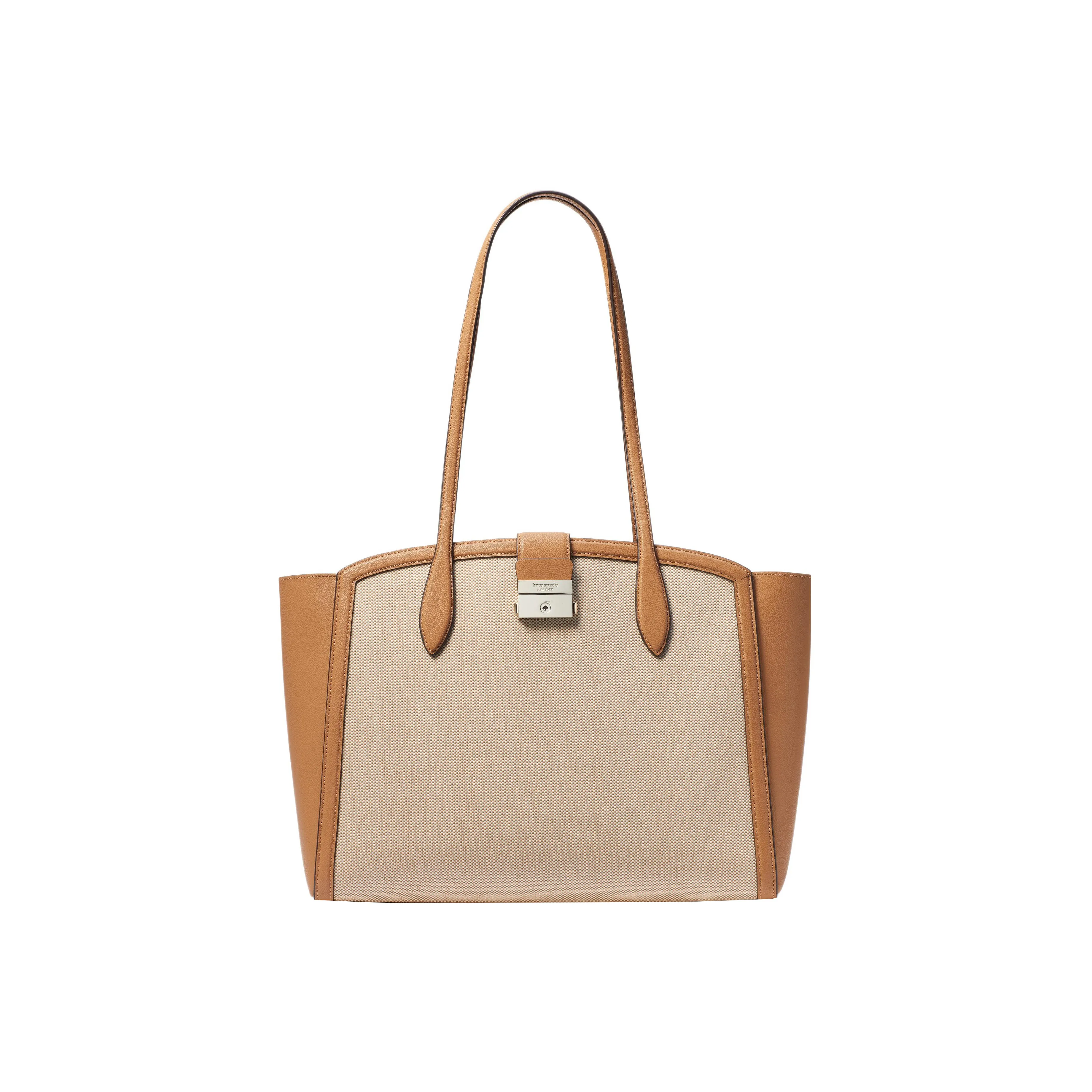 Kate Spade Fabric Bonded Split Cow Leather Tote Bag Shopping Bag Handbag Shoulder Bag Women's Gold Brown & Linen Yellow