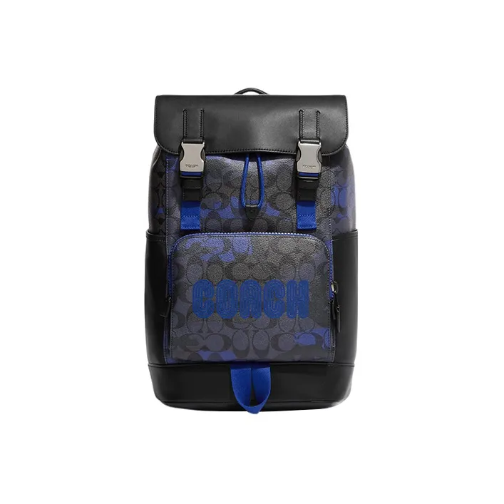 COACH Track Cow Leather With Textile Backpack Large Size Men's Blue & Bronze
