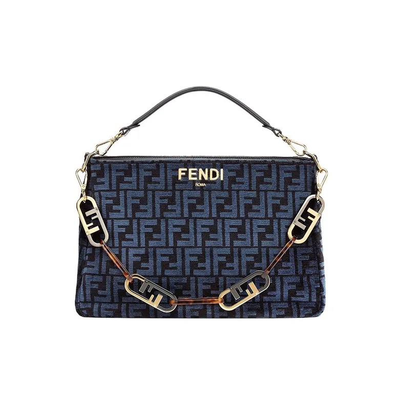 FENDI O'Lock Fabric With Cow Leather One Shoulder Handbag Women's Blue
