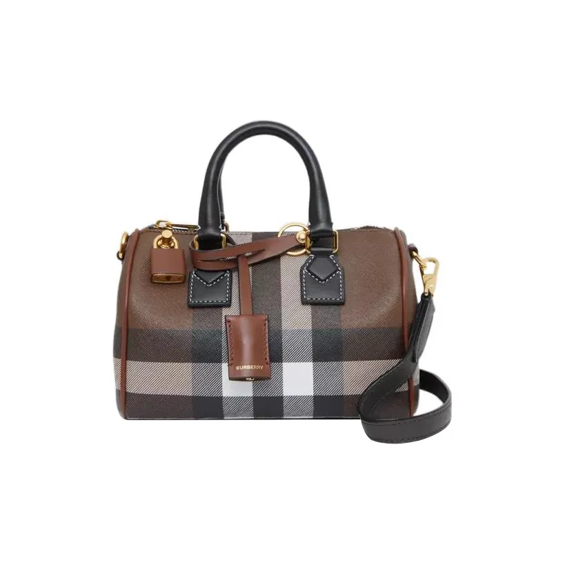 Burberry Check And Leather Bowling Bag Mini Dark Birch Brown
