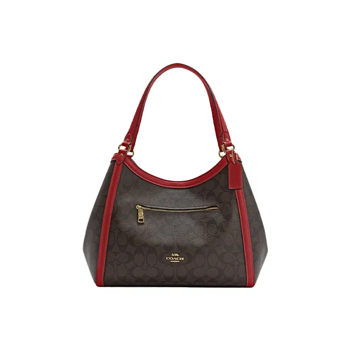 COACH Kristy ICONIC Холст с покрытием и гладкая кожа Сумка-ведро Сумка на одно плечо Большая женская Темно-коричневый и Красный
