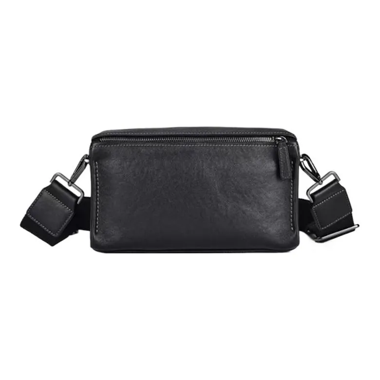 Hush Puppies Top Grain Cow Leather Small Square Bag Handheld Crossbody Bag Shoulder Bag Medium Size Men's Black