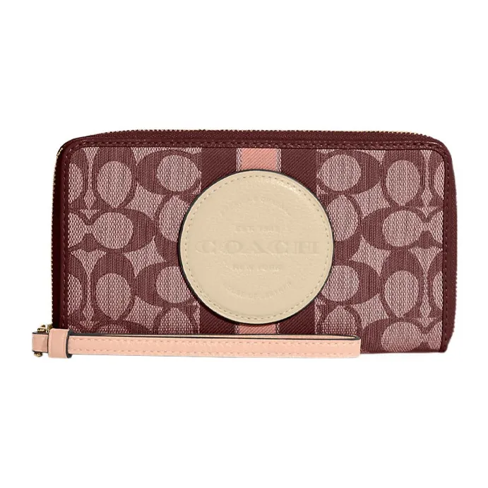 COACH Dempsey Jacquard Fabric With Pebbled Leather Accents Cell Phone Pouch Wallet Small Size Women's Burgundy